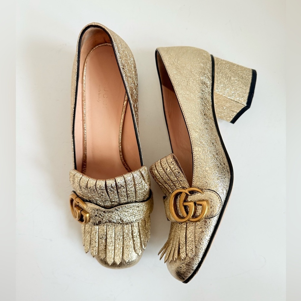 Gucci Gold Metallic leather GG fringe Marmont 55mm Heeled Loafer pumps EU 38 - Picture 1 of 12